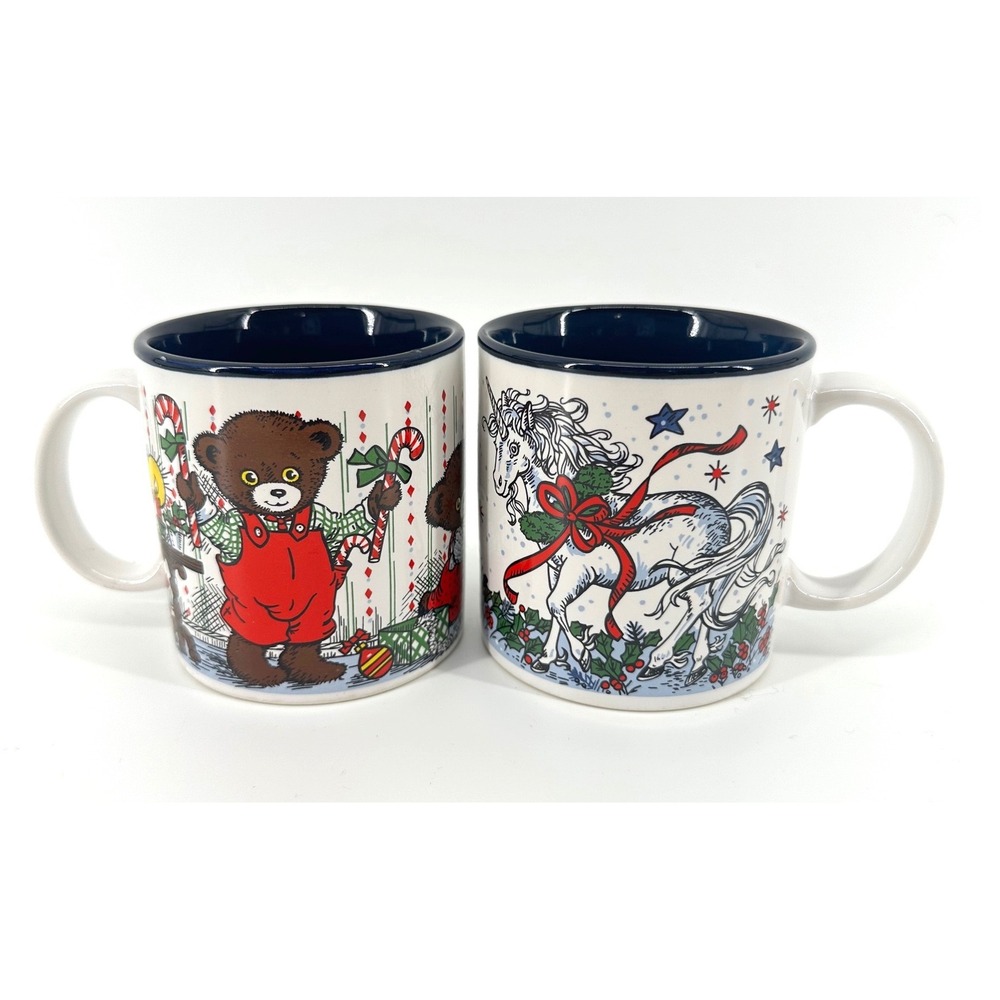 Vintage Potpourri Press Christmas Mugs Set of 2 Bears and Unicorn Made in Japan